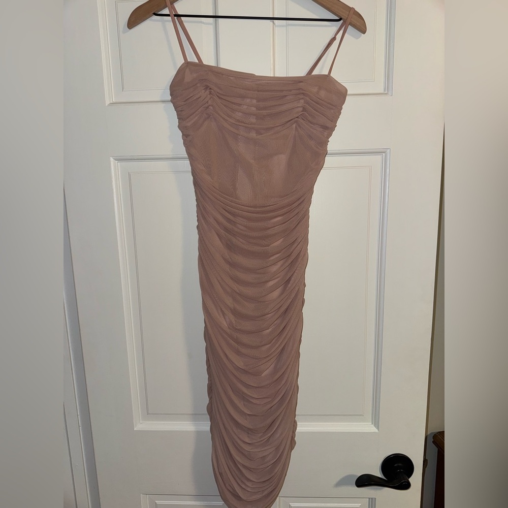 Babaton Strapless Ruched Dress in Light Pink/Tan